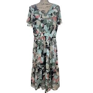 Kasper Clip Dot Dress Sz 14 Green Multi Floral Flutter Sleeve Tiered Lined Maxi
